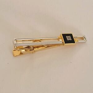 Givenchy Gold Silver Tone Black Onyx Tie Bar Clip 2 Inch Logo Vintage